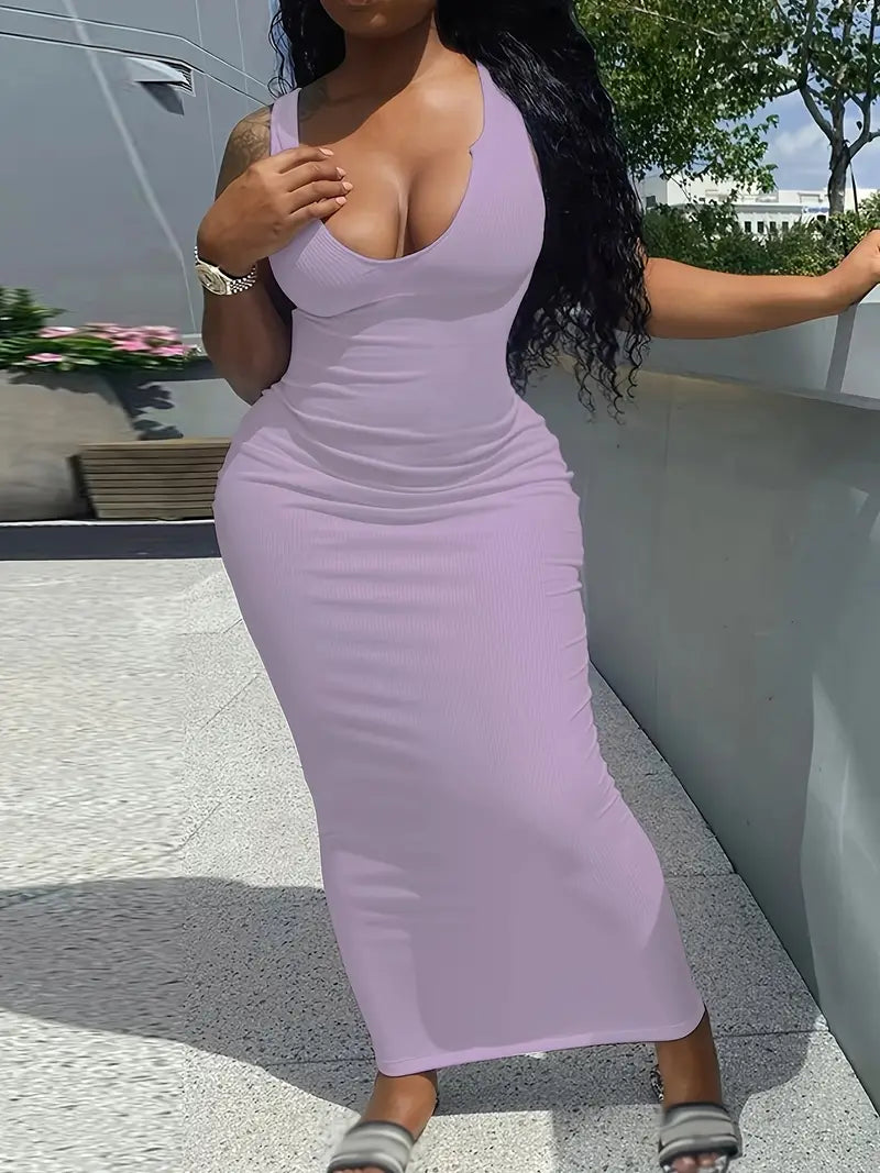 Flattering Solid Notched Neck Tank Dress