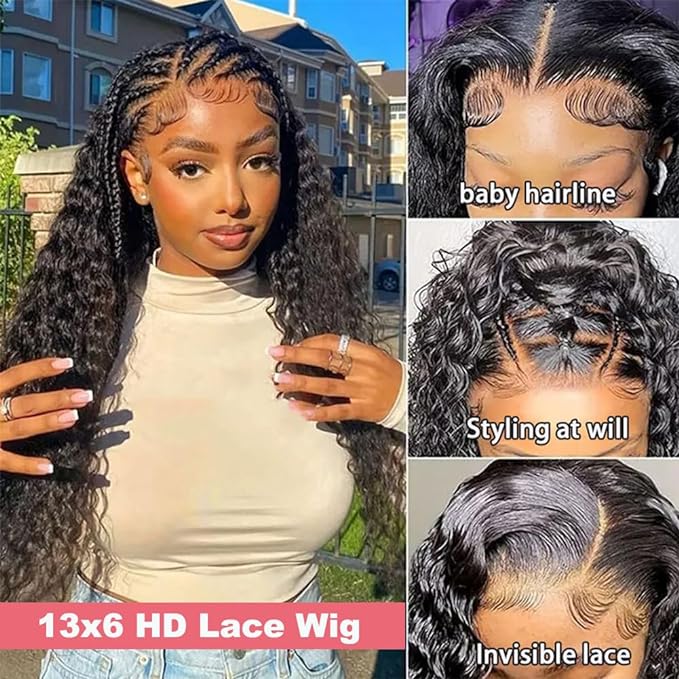 Brazilian 12A 13x6 Deep Wave Lace Front Wigs Human Hair 220% Density 13x6 HD Transparent Lace Frontal Wigs for Women Deep Curly Glueless Wigs Human Hair Pre Plucked with Baby Hair Natural Black 26 Inch