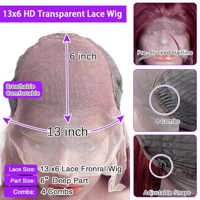 Brazilian 99j Burgundy Lace Front Wigs Human Hair 13x6 HD Glueless Straight Lace Frontal Wigs 99J 220% Density Brazilian Virgin Human Hair Wigs for Women Pre Plucked with Baby Hair 24Inch