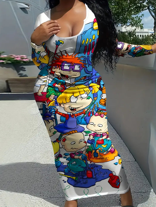 Cartoon Print Notched Neck Tank Dress, Casual Long Sleeve Bodycon Dress