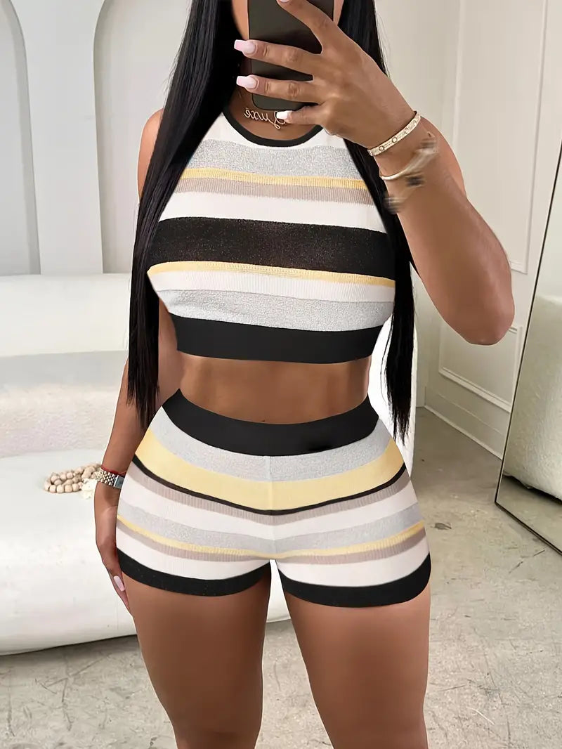 Fashionable Women's Color block Striped Two-Piece Set