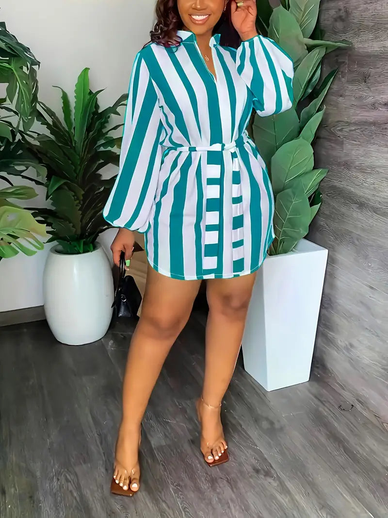 Chic Striped Print Lantern Sleeve Dress