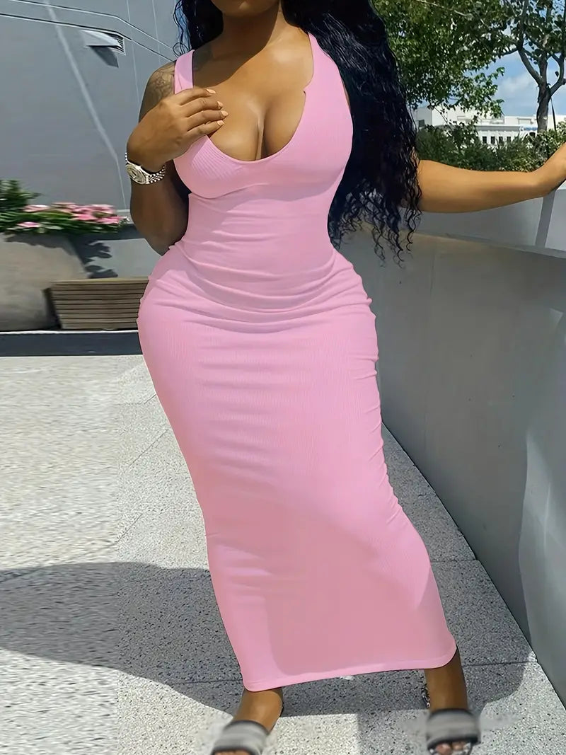 Flattering Solid Notched Neck Tank Dress