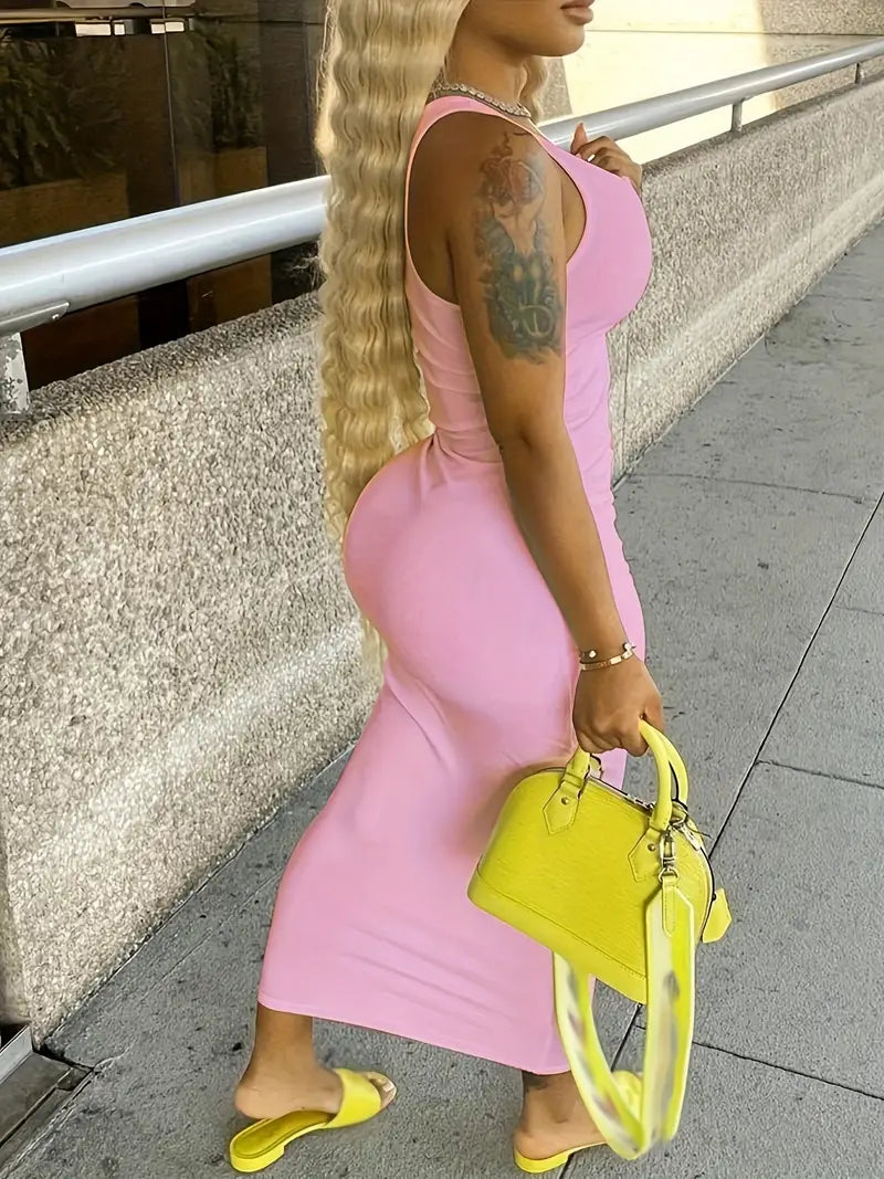 Flattering Solid Notched Neck Tank Dress