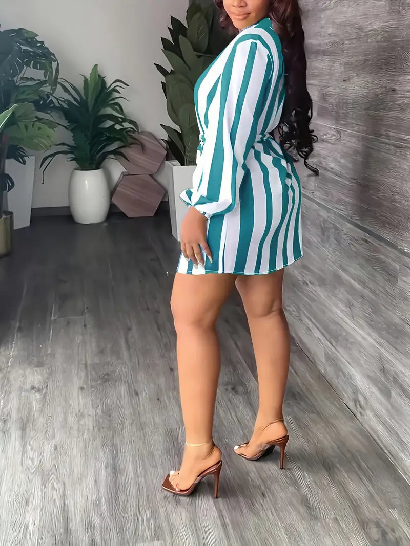 Chic Striped Print Lantern Sleeve Dress