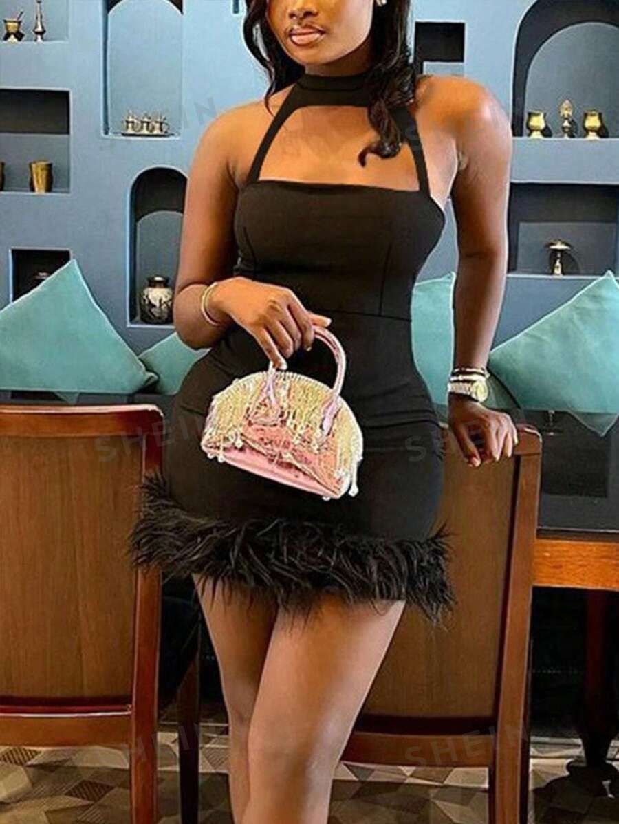 Slayr Ladies' Sexy Feather Trim Sleeveless Dress