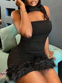 Slayr Ladies' Sexy Feather Trim Sleeveless Dress