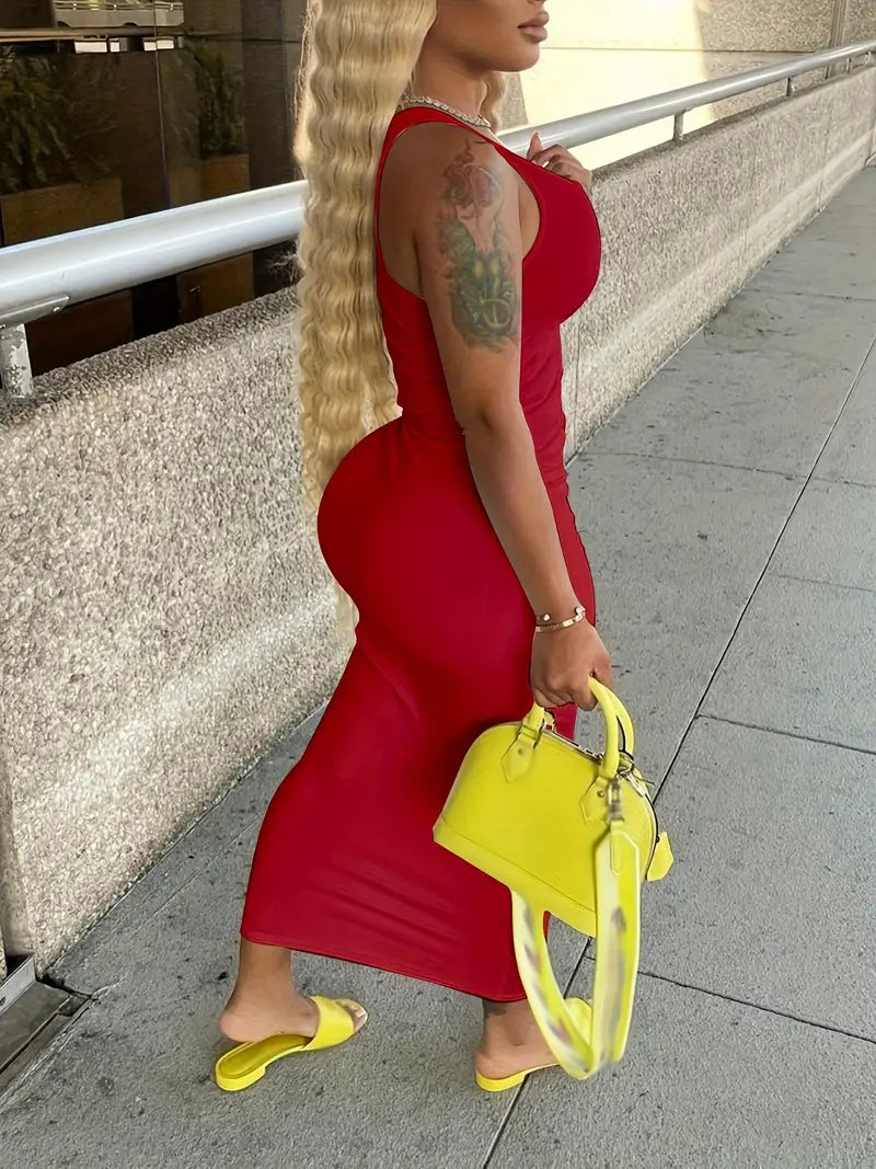 Flattering Solid Notched Neck Tank Dress