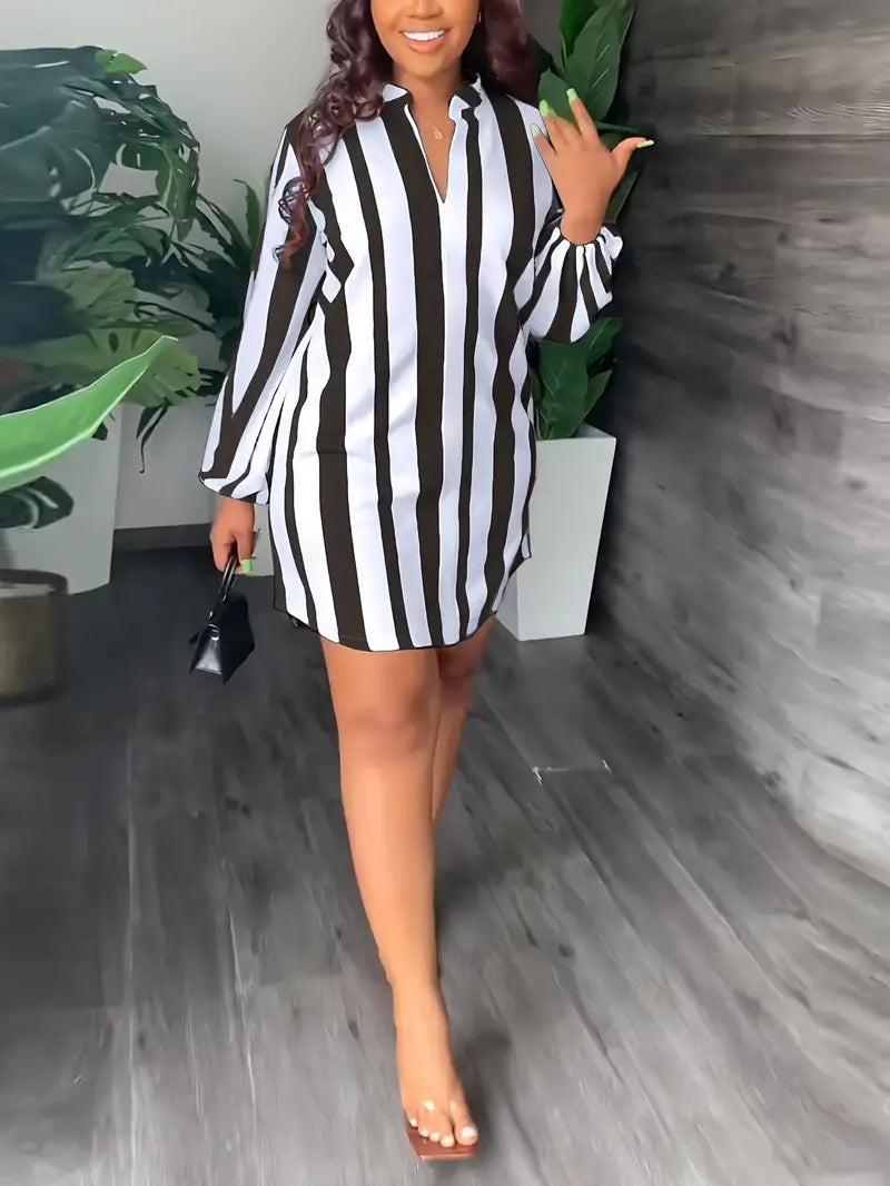 Chic Striped Print Lantern Sleeve Dress