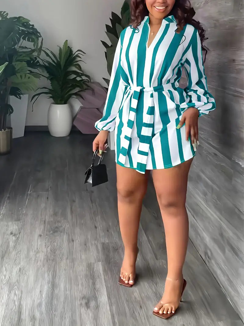 Chic Striped Print Lantern Sleeve Dress