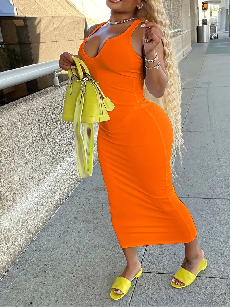 Flattering Solid Notched Neck Tank Dress