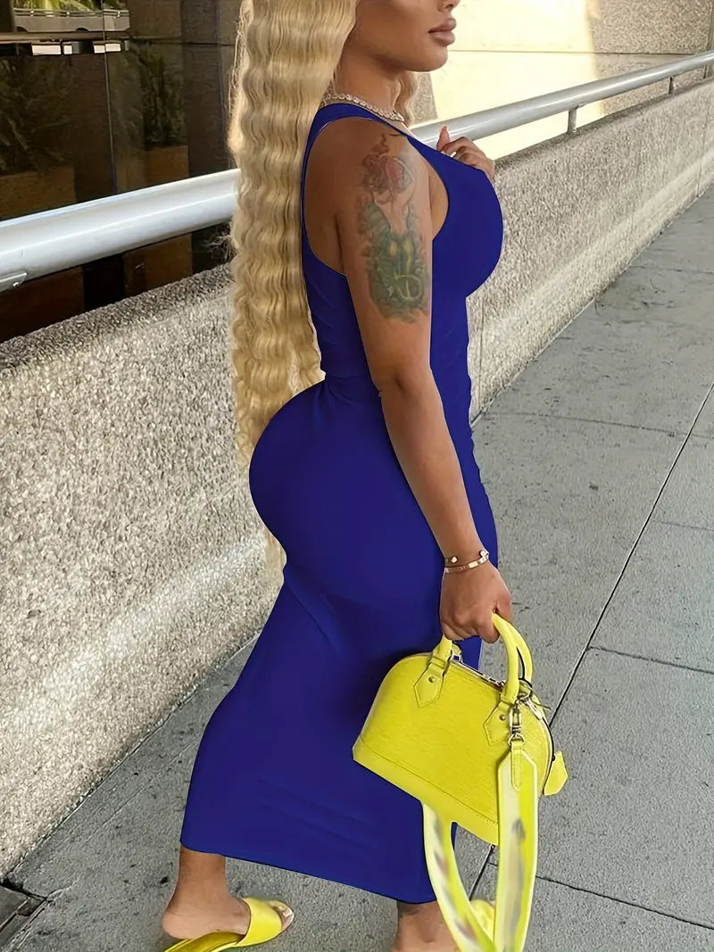 Flattering Solid Notched Neck Tank Dress