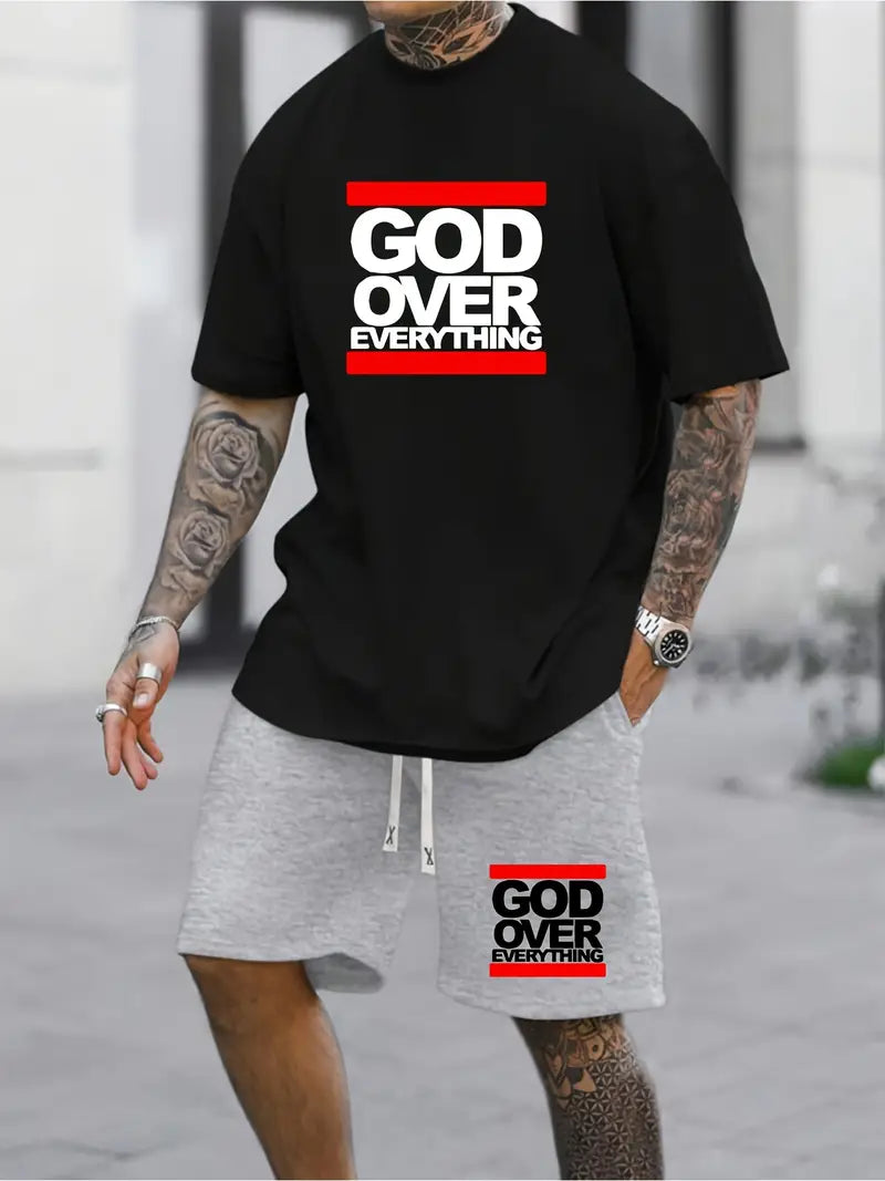 2pcs God Over Everything Print Casual Sports Sweatsuits - Short Sleeve T-shirt & Drawstring Shorts Regular Fit Outfits for Spring Summer