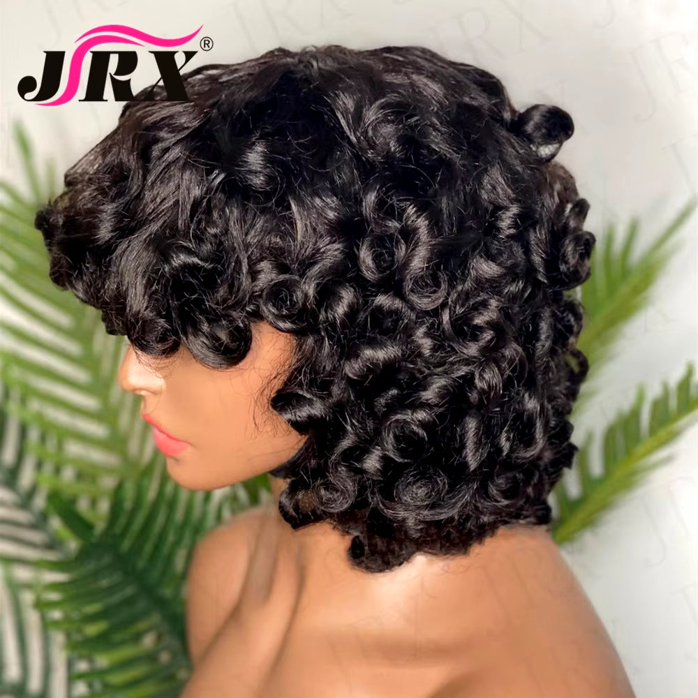 Loose Curly Human Hair Wigs with Bangs Brazilian Remy Short Curly Bob Full Machine Made Wigs for Women Spiral Bouncy Curly Wigs