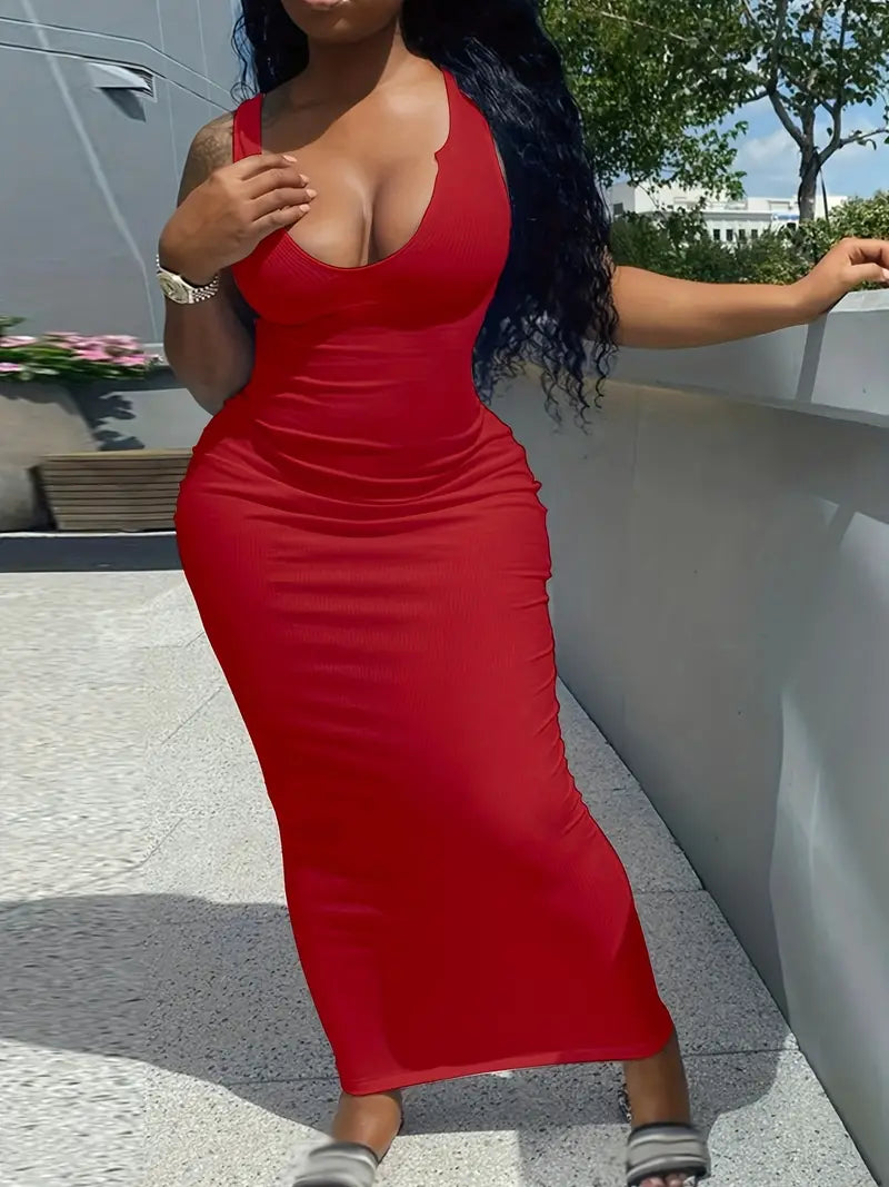 Flattering Solid Notched Neck Tank Dress