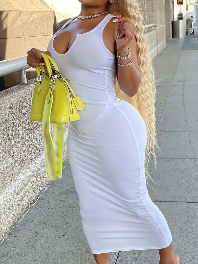 Flattering Solid Notched Neck Tank Dress