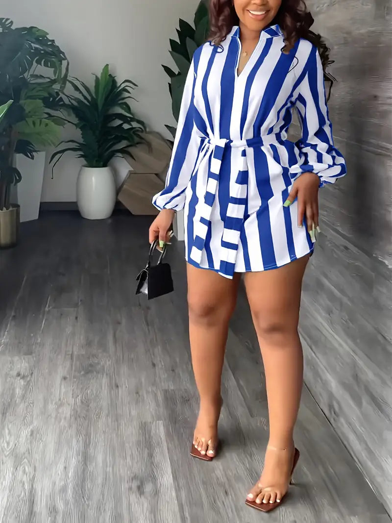 Chic Striped Print Lantern Sleeve Dress