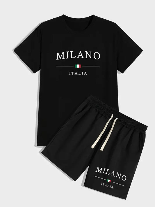 Milano Italia Letter Print Men's Outfits Crew Neck Short