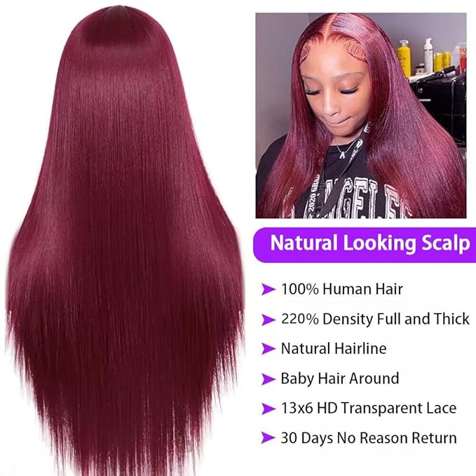 Brazilian 99j Burgundy Lace Front Wigs Human Hair 13x6 HD Glueless Straight Lace Frontal Wigs 99J 220% Density Brazilian Virgin Human Hair Wigs for Women Pre Plucked with Baby Hair 24Inch