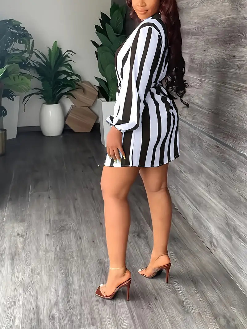 Chic Striped Print Lantern Sleeve Dress