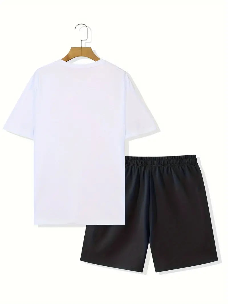 2pcs God Over Everything Print Casual Sports Sweatsuits - Short Sleeve T-shirt & Drawstring Shorts Regular Fit Outfits for Spring Summer