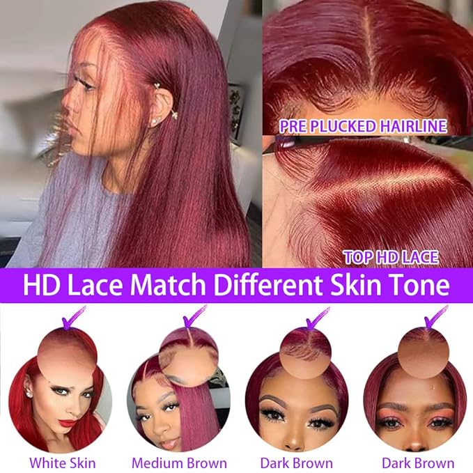 Brazilian 99j Burgundy Lace Front Wigs Human Hair 13x6 HD Glueless Straight Lace Frontal Wigs 99J 220% Density Brazilian Virgin Human Hair Wigs for Women Pre Plucked with Baby Hair 24Inch