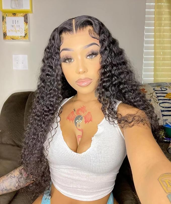 18inch 4x4 Deep Wave Lace Closure Wigs Human Hair for Black Women Curly Human Hair Wigs Glueless Wigs Human Hair Pre Plucked Deep Wave Peruvian Virgin Wet and Wavy Human Hair Wigs 150% Density
