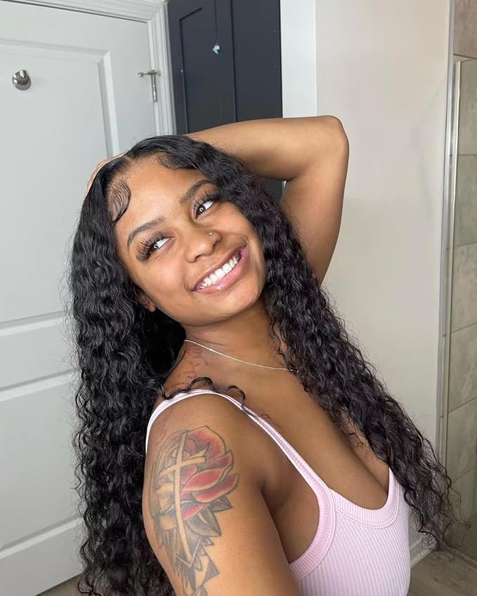 18inch 4x4 Deep Wave Lace Closure Wigs Human Hair for Black Women Curly Human Hair Wigs Glueless Wigs Human Hair Pre Plucked Deep Wave Peruvian Virgin Wet and Wavy Human Hair Wigs 150% Density