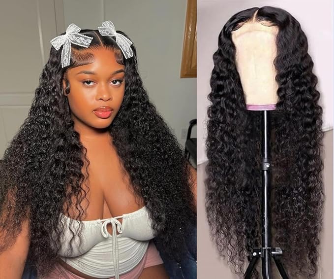 18inch 4x4 Deep Wave Lace Closure Wigs Human Hair for Black Women Curly Human Hair Wigs Glueless Wigs Human Hair Pre Plucked Deep Wave Peruvian Virgin Wet and Wavy Human Hair Wigs 150% Density