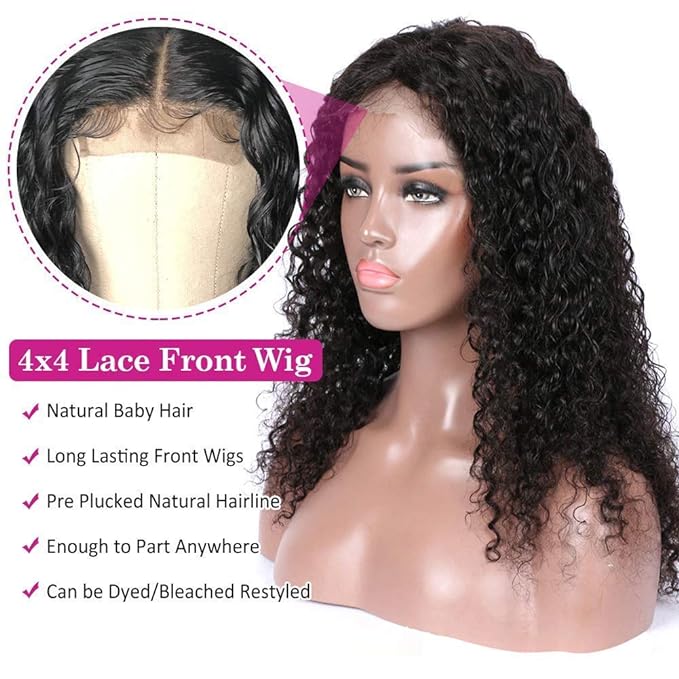18inch 4x4 Deep Wave Lace Closure Wigs Human Hair for Black Women Curly Human Hair Wigs Glueless Wigs Human Hair Pre Plucked Deep Wave Peruvian Virgin Wet and Wavy Human Hair Wigs 150% Density