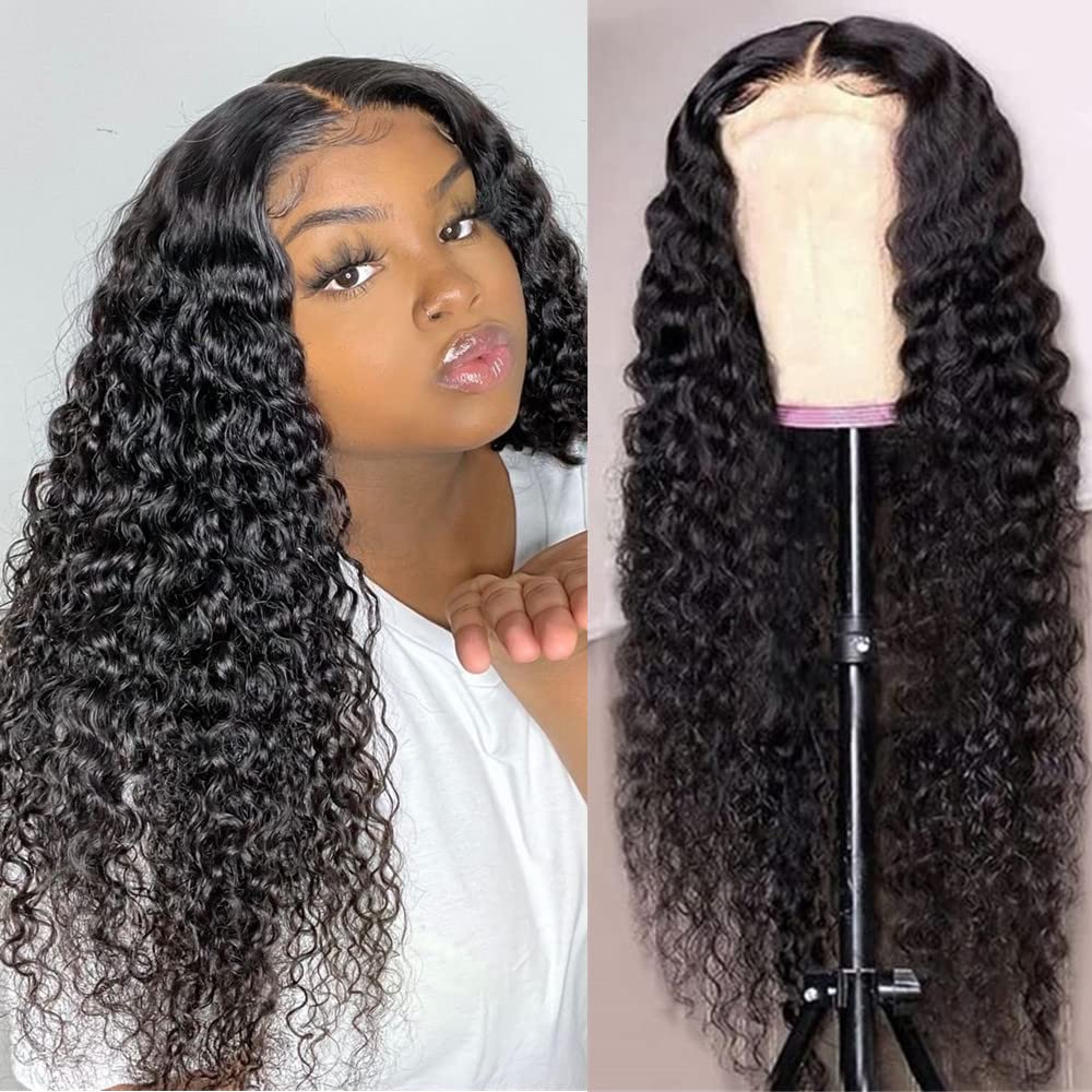 18inch 4x4 Deep Wave Lace Closure Wigs Human Hair for Black Women Curly Human Hair Wigs Glueless Wigs Human Hair Pre Plucked Deep Wave Peruvian Virgin Wet and Wavy Human Hair Wigs 150% Density