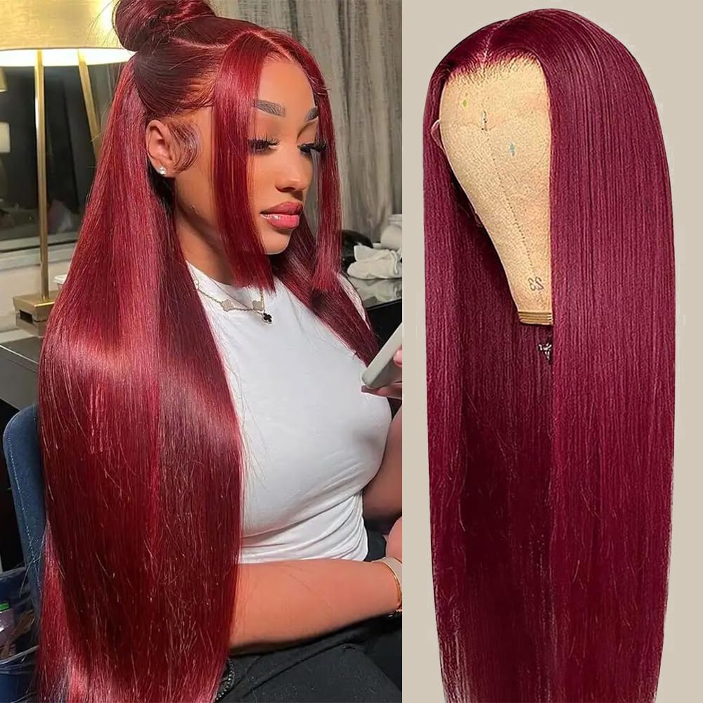 Brazilian 99j Burgundy Lace Front Wigs Human Hair 13x6 HD Glueless Straight Lace Frontal Wigs 99J 220% Density Brazilian Virgin Human Hair Wigs for Women Pre Plucked with Baby Hair 24Inch