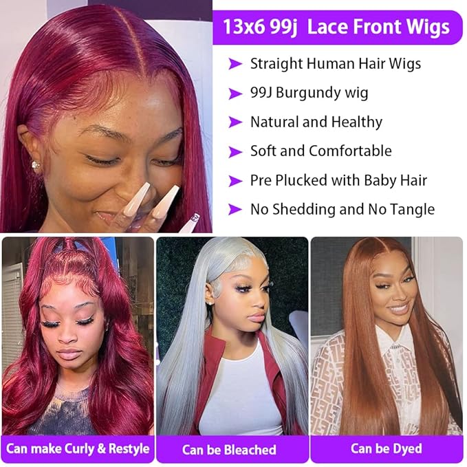 Brazilian 99j Burgundy Lace Front Wigs Human Hair 13x6 HD Glueless Straight Lace Frontal Wigs 99J 220% Density Brazilian Virgin Human Hair Wigs for Women Pre Plucked with Baby Hair 24Inch