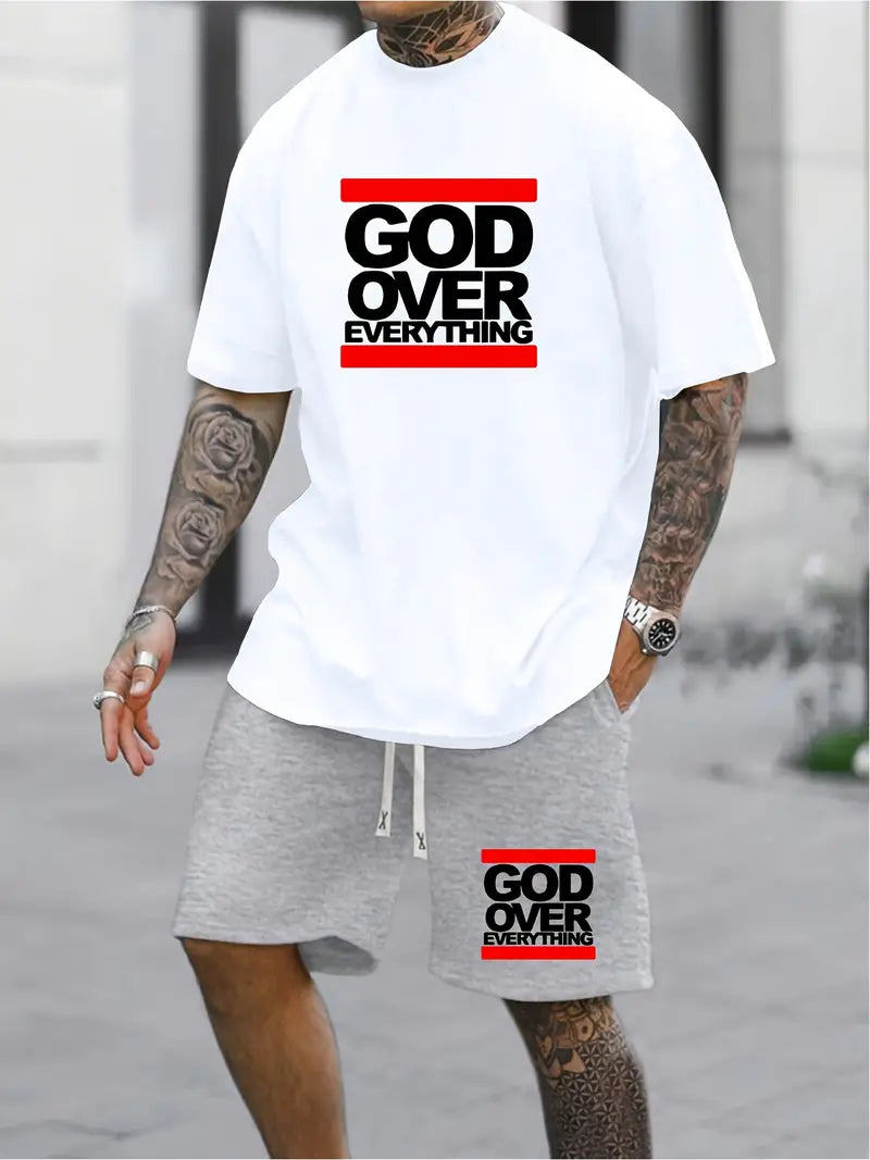 2pcs God Over Everything Print Casual Sports Sweatsuits - Short Sleeve T-shirt & Drawstring Shorts Regular Fit Outfits for Spring Summer