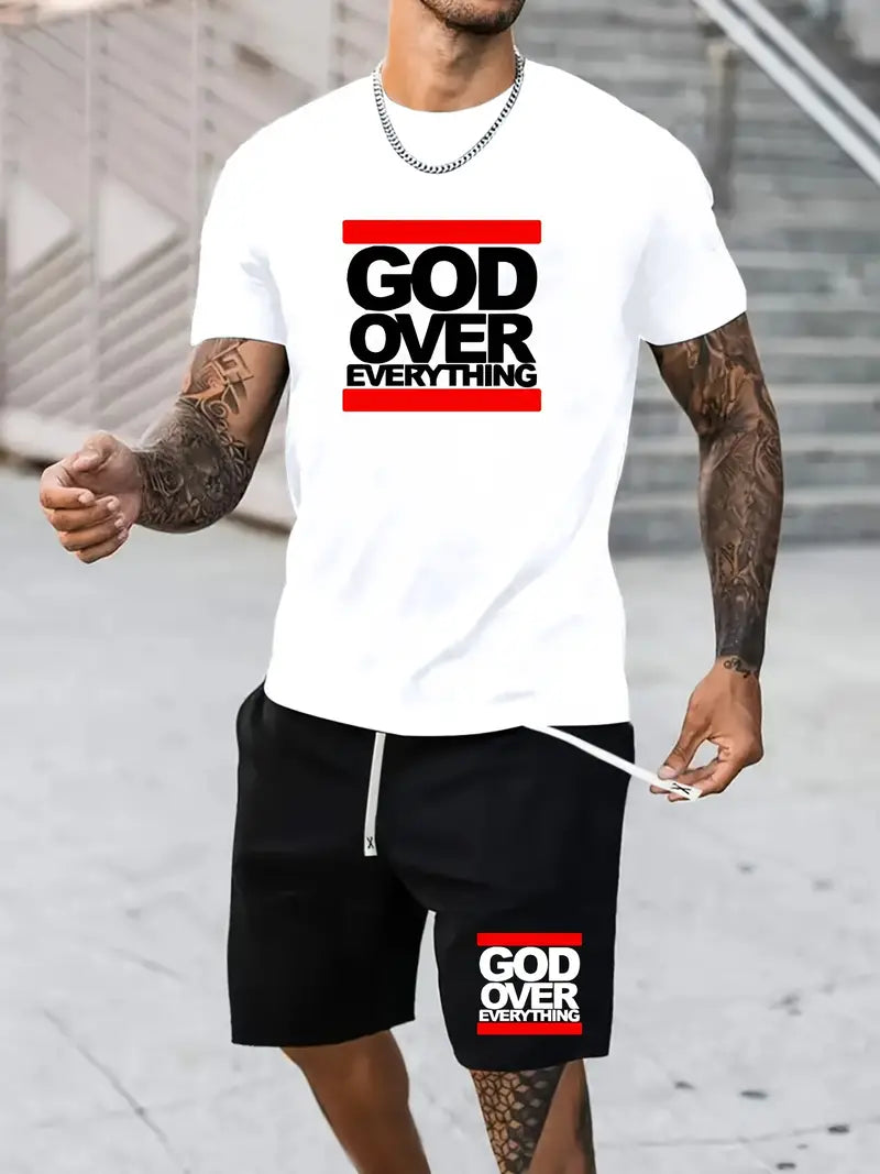 2pcs God Over Everything Print Casual Sports Sweatsuits - Short Sleeve T-shirt & Drawstring Shorts Regular Fit Outfits for Spring Summer