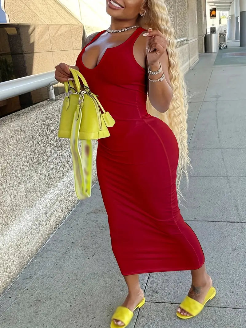 Flattering Solid Notched Neck Tank Dress