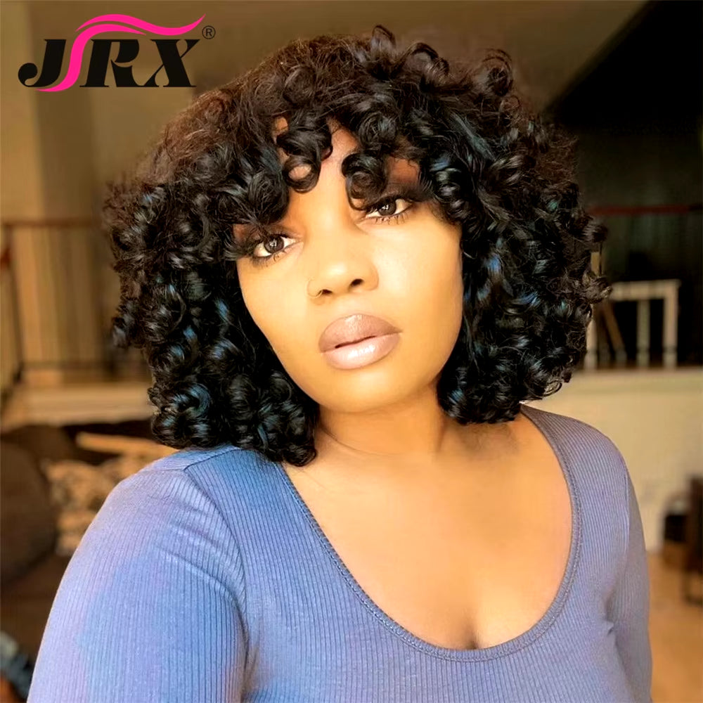 Loose Curly Human Hair Wigs with Bangs Brazilian Remy Short Curly Bob Full Machine Made Wigs for Women Spiral Bouncy Curly Wigs