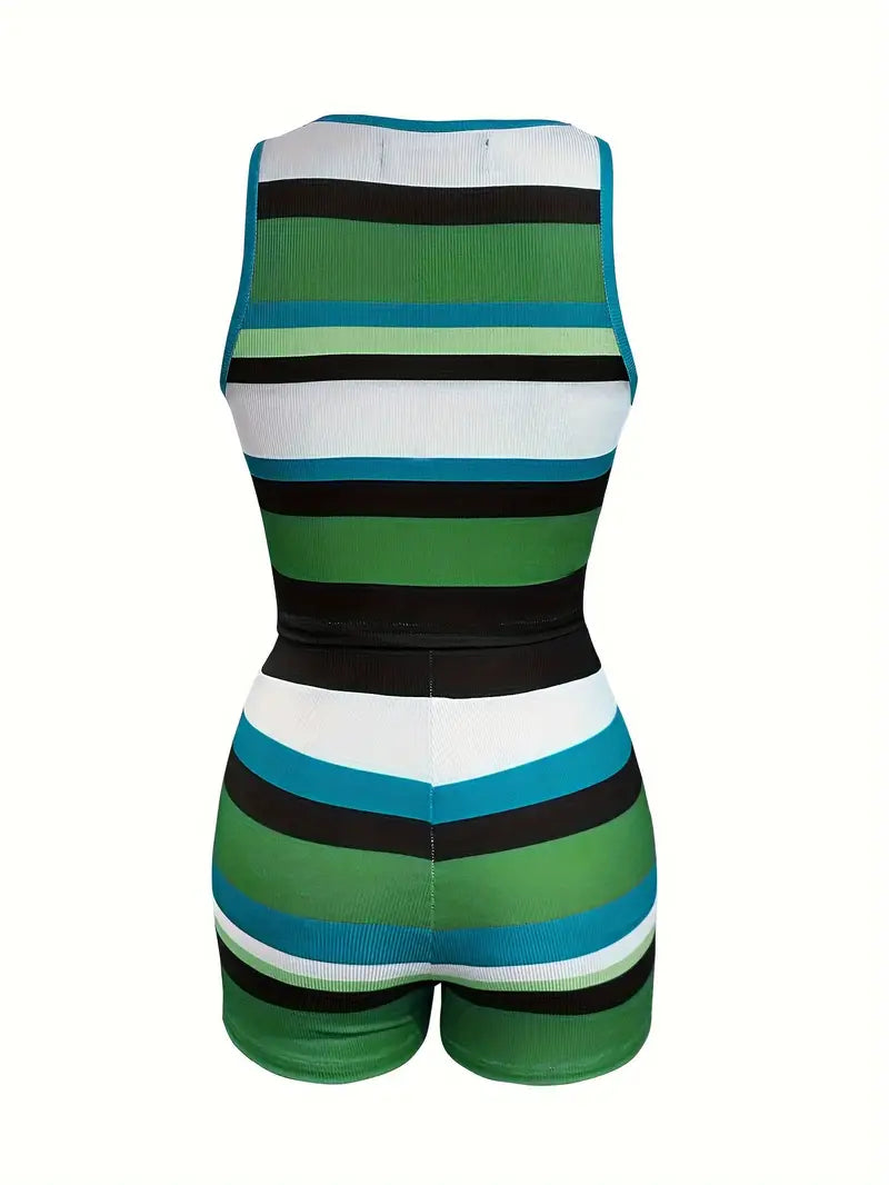Fashionable Women's Color block Striped Two-Piece Set