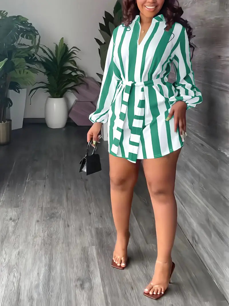 Chic Striped Print Lantern Sleeve Dress