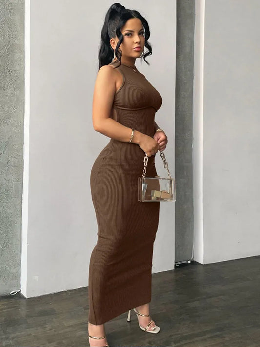 Ribbed Solid Hollow Out Backless Sleeveless Sexy Slit Mini Dress Bodycon