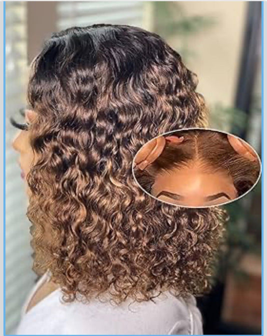 Brazilian14 Inch Highlight Blonde Wear and Go Glueless Curly Bob Wig Human Hair Pre Plucked, Glueless Pre cut HD Lace Front Wigs Human Hair, Water Wave No Glue wigs, Natural Hairline for Women 200% Density