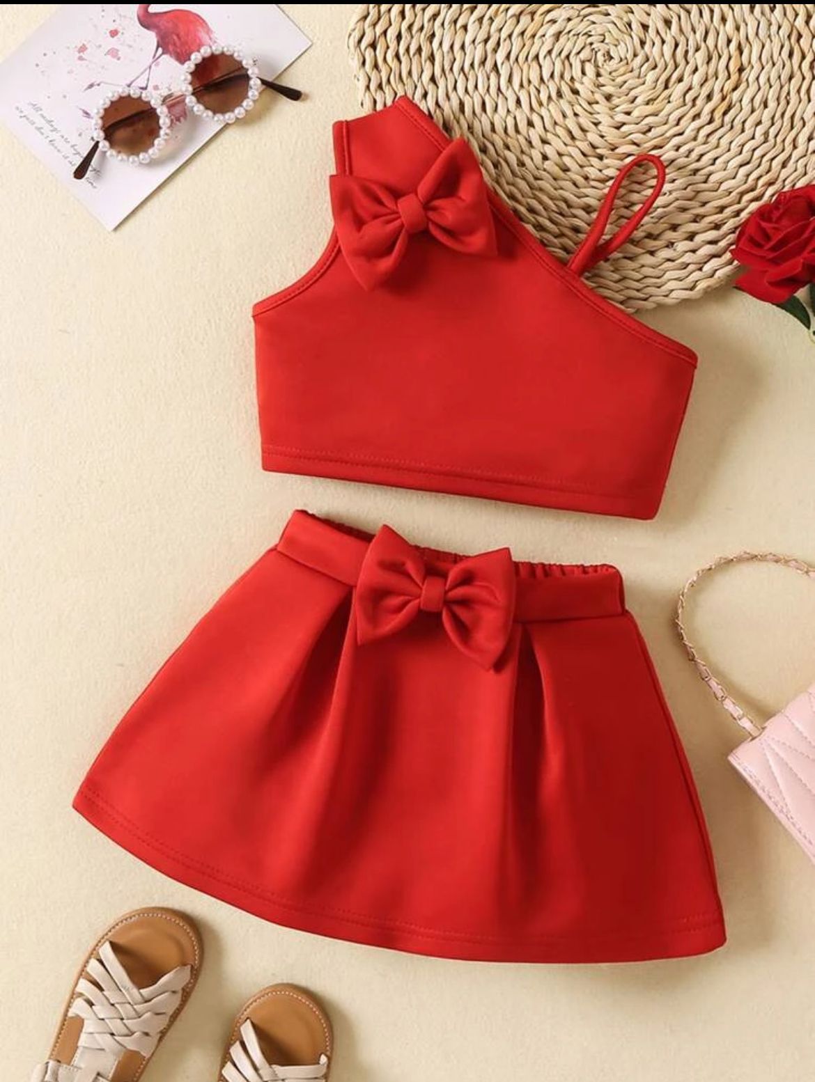 Young Girl Bow Front Cami Top & Fold Pleated Skirt