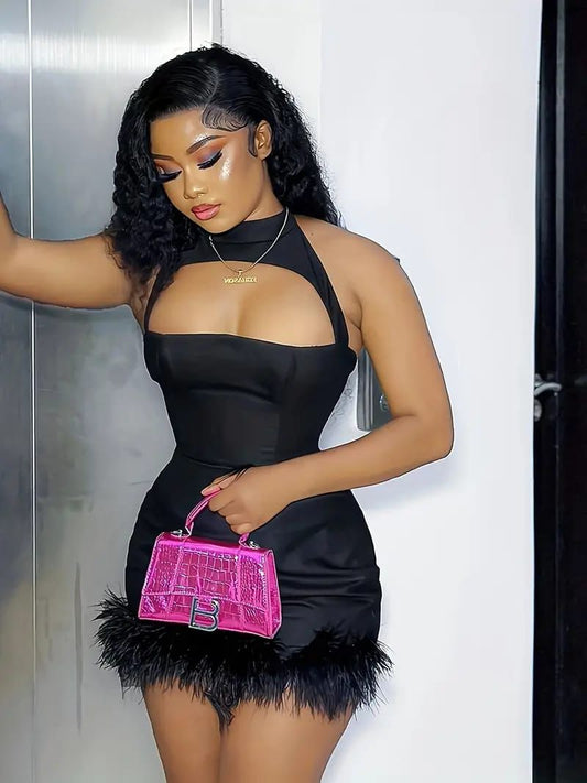 Slayr Ladies' Sexy Feather Trim Sleeveless Dress