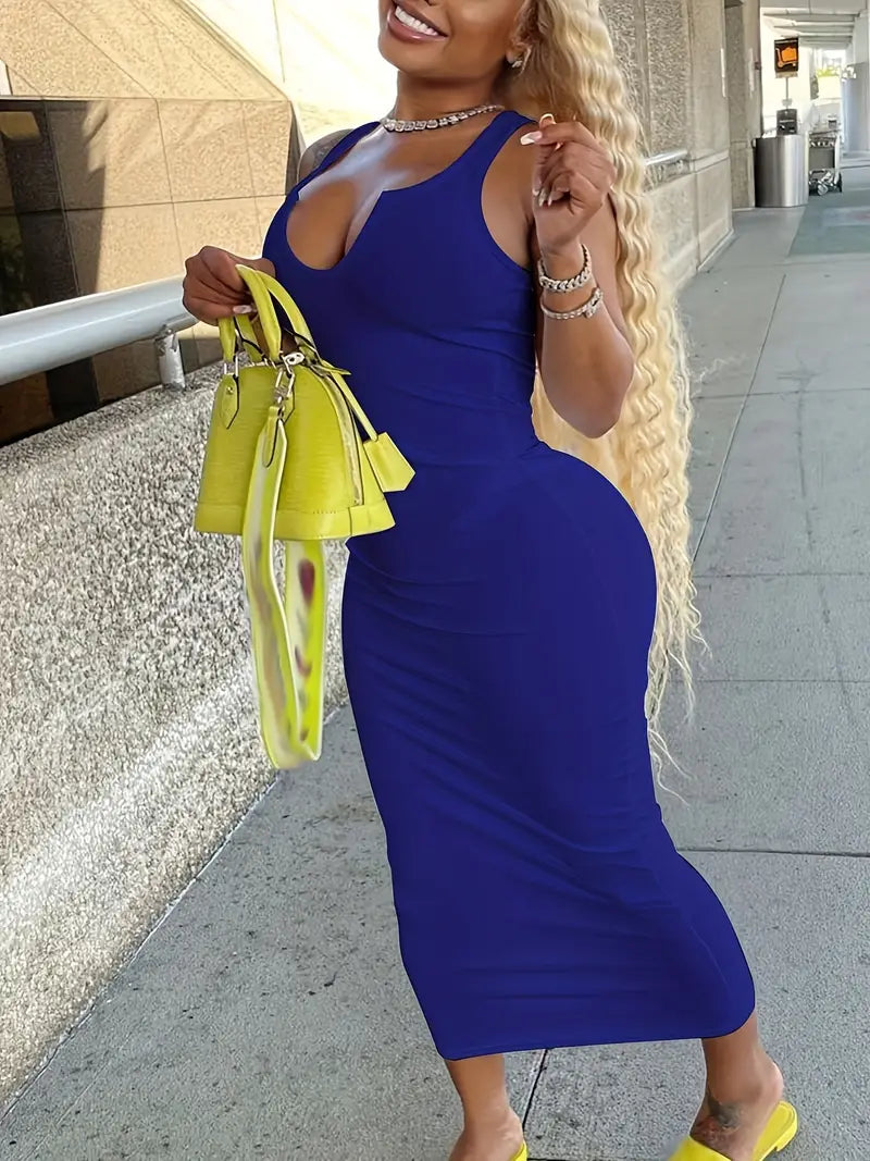 Flattering Solid Notched Neck Tank Dress