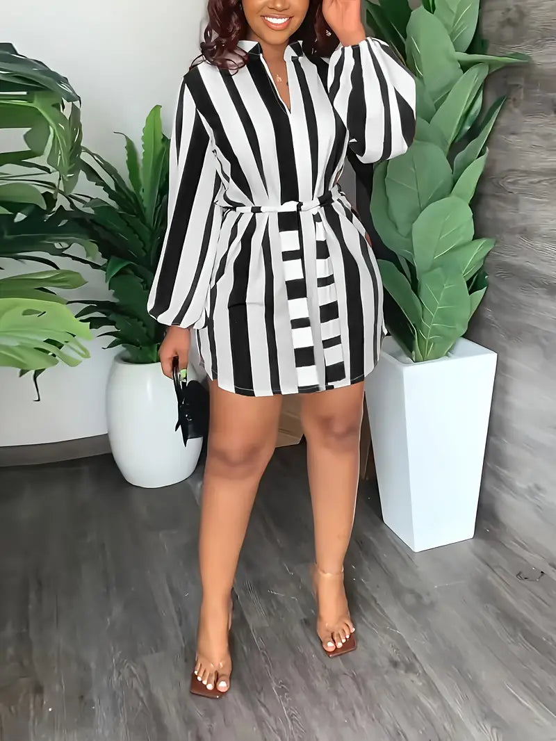 Chic Striped Print Lantern Sleeve Dress