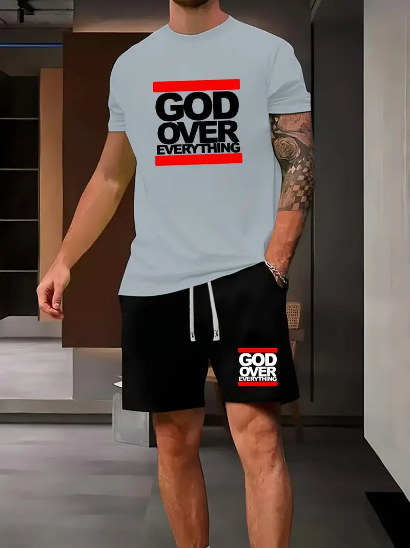 2pcs God Over Everything Print Casual Sports Sweatsuits - Short Sleeve T-shirt & Drawstring Shorts Regular Fit Outfits for Spring Summer