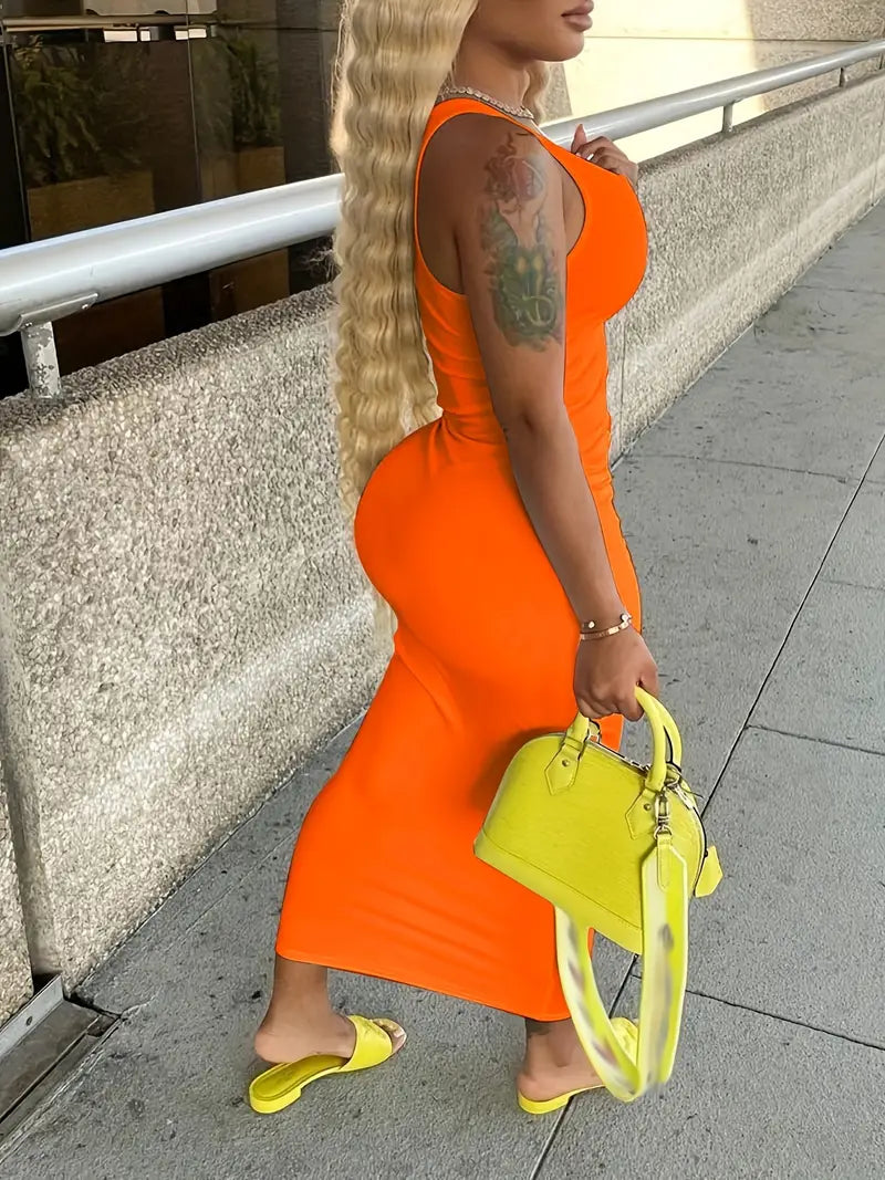 Flattering Solid Notched Neck Tank Dress