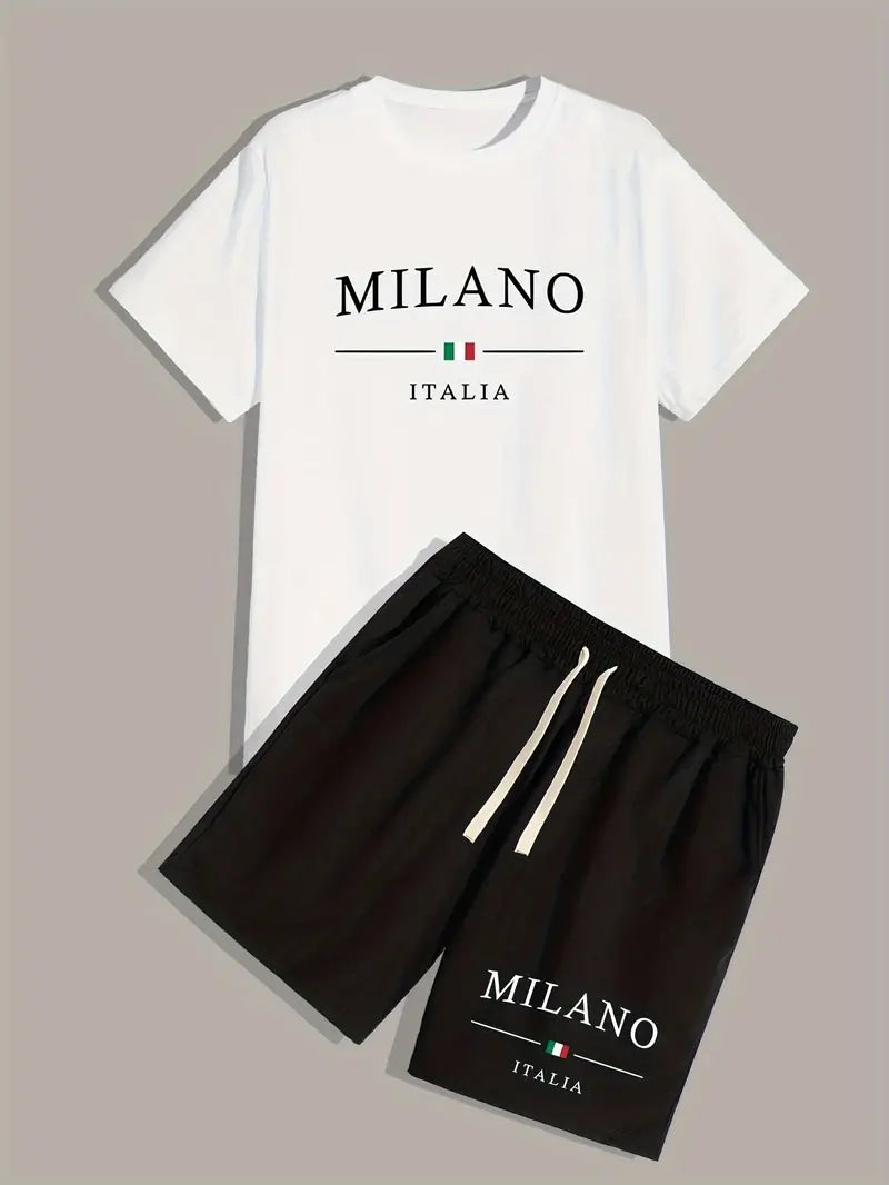 Milano Italia Letter Print Men's Outfits Crew Neck Short