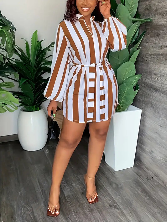 Chic Striped Print Lantern Sleeve Dress