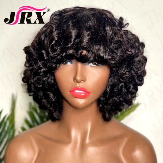 Loose Curly Human Hair Wigs with Bangs Brazilian Remy Short Curly Bob Full Machine Made Wigs for Women Spiral Bouncy Curly Wigs